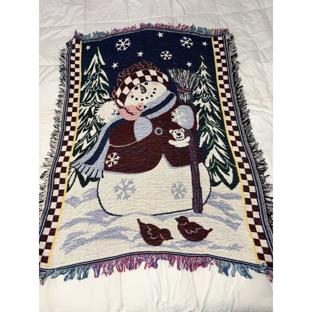 Vintage‎ Snowman Woven Tapestry Throw Blanket Afghan Christmas Fringe 48x38